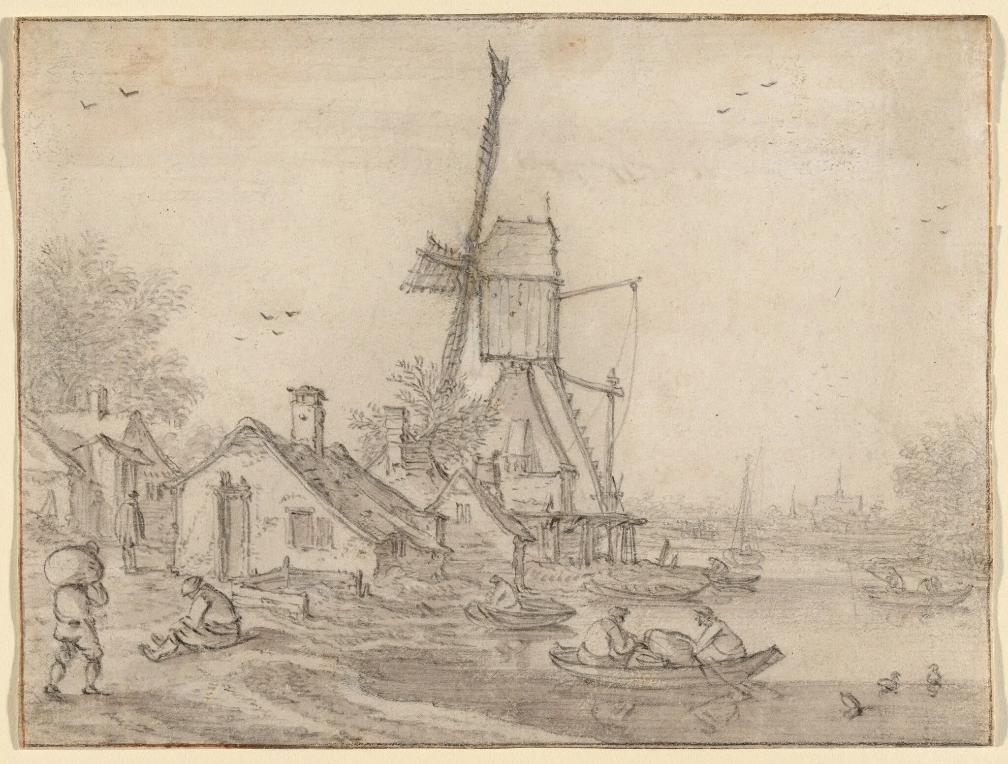 A Windmill and Cottages on a River Bank, Men in Rowing Boats, detail