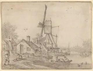 A Windmill and Cottages on a River Bank, Men in Rowing Boats, by Velde, Esaias van de, I, chalk, 1615