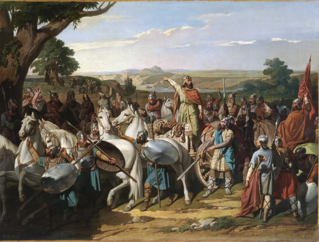 El rey don Rodrigo arengando a los jefes de su ejército antes de dar la batalla del Guadalete, by Bernardo Blanco y Pérez, oil, 1871