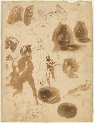Studies of Glass Jars and Figures (recto), by Ambrogio Figino, ink, 1586