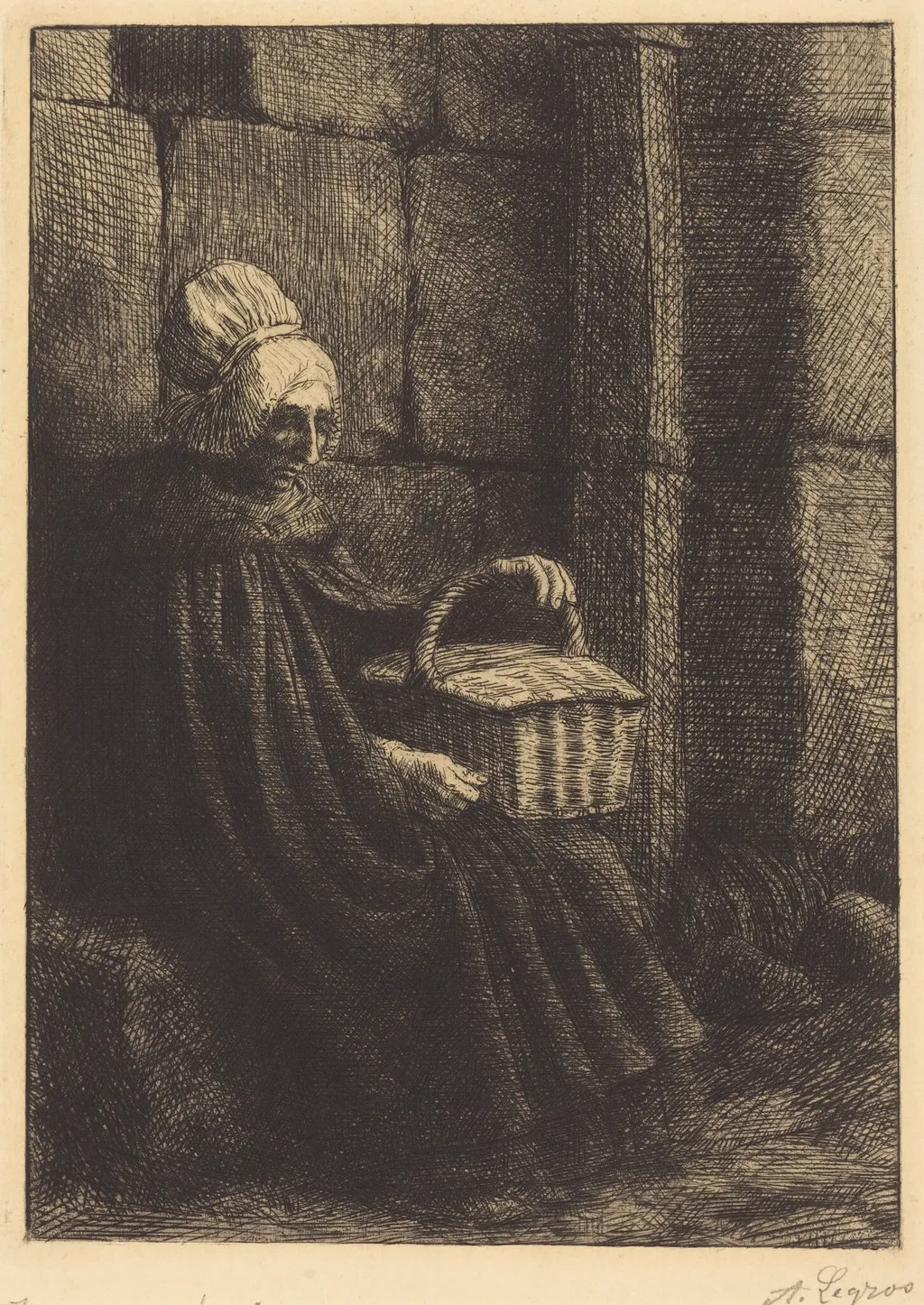 Peasant Woman of Boulogne (Paysanne des environs de Boulogne dite La femme au panier), by Alphonse Legros, ink, 1874