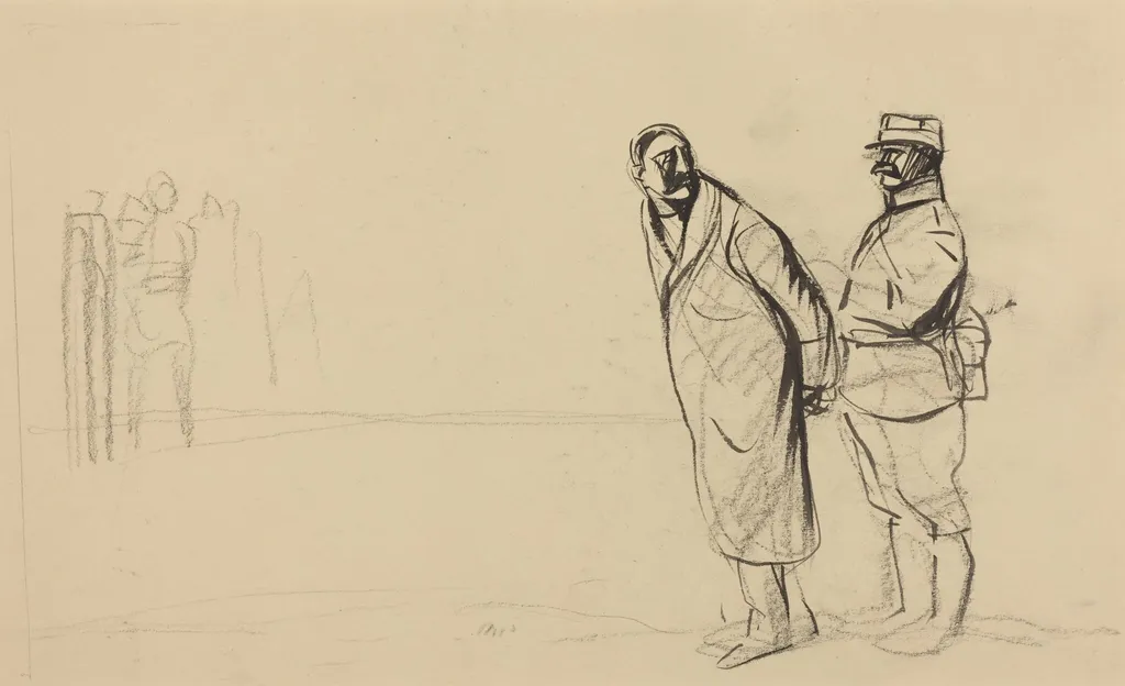 a) Au front de Vincennes, Bolo pacha (recto); b) Sketch for Au front de Vincennes, Bolo pacha (verso), by Jean-Louis Forain, ink, 1916