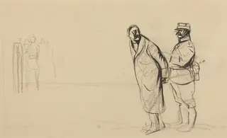 a) Au front de Vincennes, Bolo pacha (recto); b) Sketch for Au front de Vincennes, Bolo pacha (verso), by Jean-Louis Forain, ink, 1916