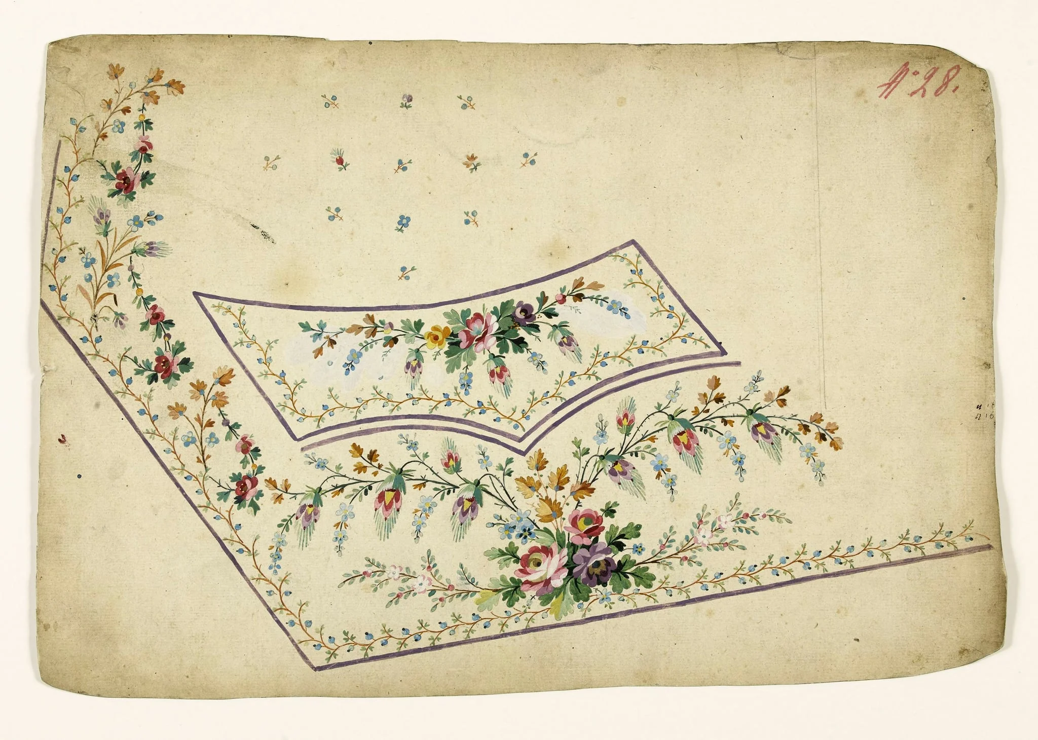 Bouquets de branches et de fleurs et frises de baies bleues, projets de broderies de gilet, XVIIIème siècle, detail