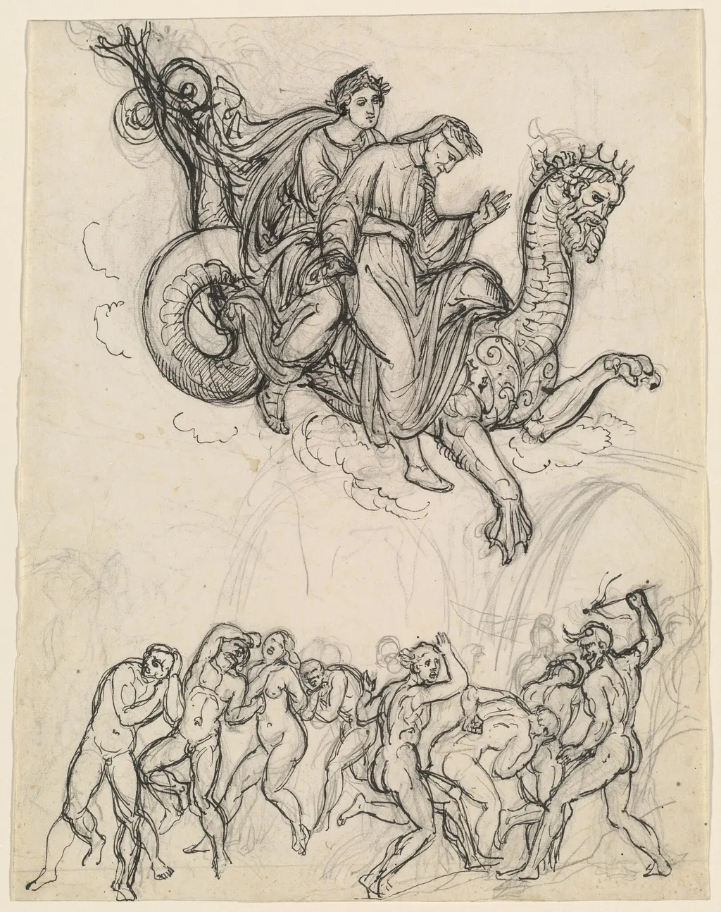 Dante and Virgil Riding on the Back of Geryon, by Joseph Anton Koch, ink, 1821