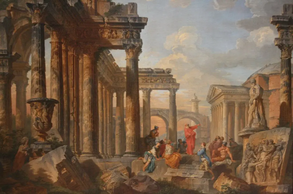 Roman Ruins with a Preacher, by Giovanni Paolo Panini, oil, 1738