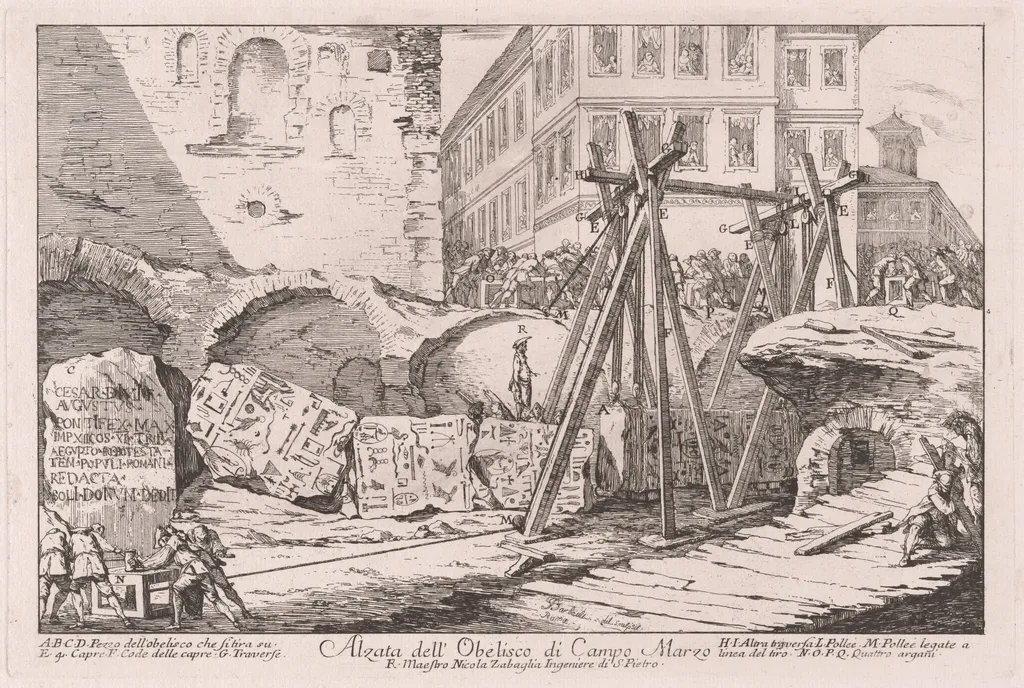 Alzata dell'Obelisco di Campo Marzio (Excavation of the Obelisk from the Campo Marzio), by Jean Barbault, ink, 1748