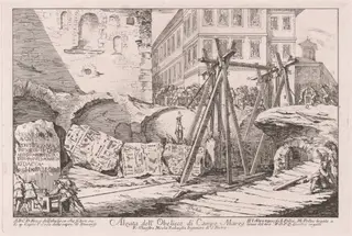 Alzata dell'Obelisco di Campo Marzio (Excavation of the Obelisk from the Campo Marzio), by Jean Barbault, ink, 1748