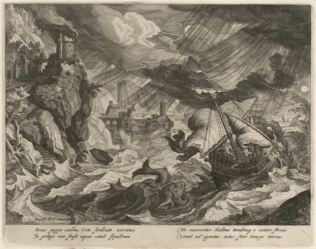 Jonah Thrown into the Stormy Sea, by Justus Sadeler, ink, 1615