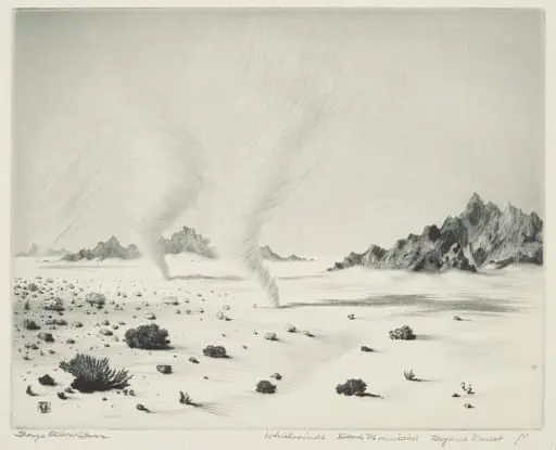 Whirlwinds, Dead Mountains, Mojave Desert, California, by George Elbert Burr, ink, 1921
