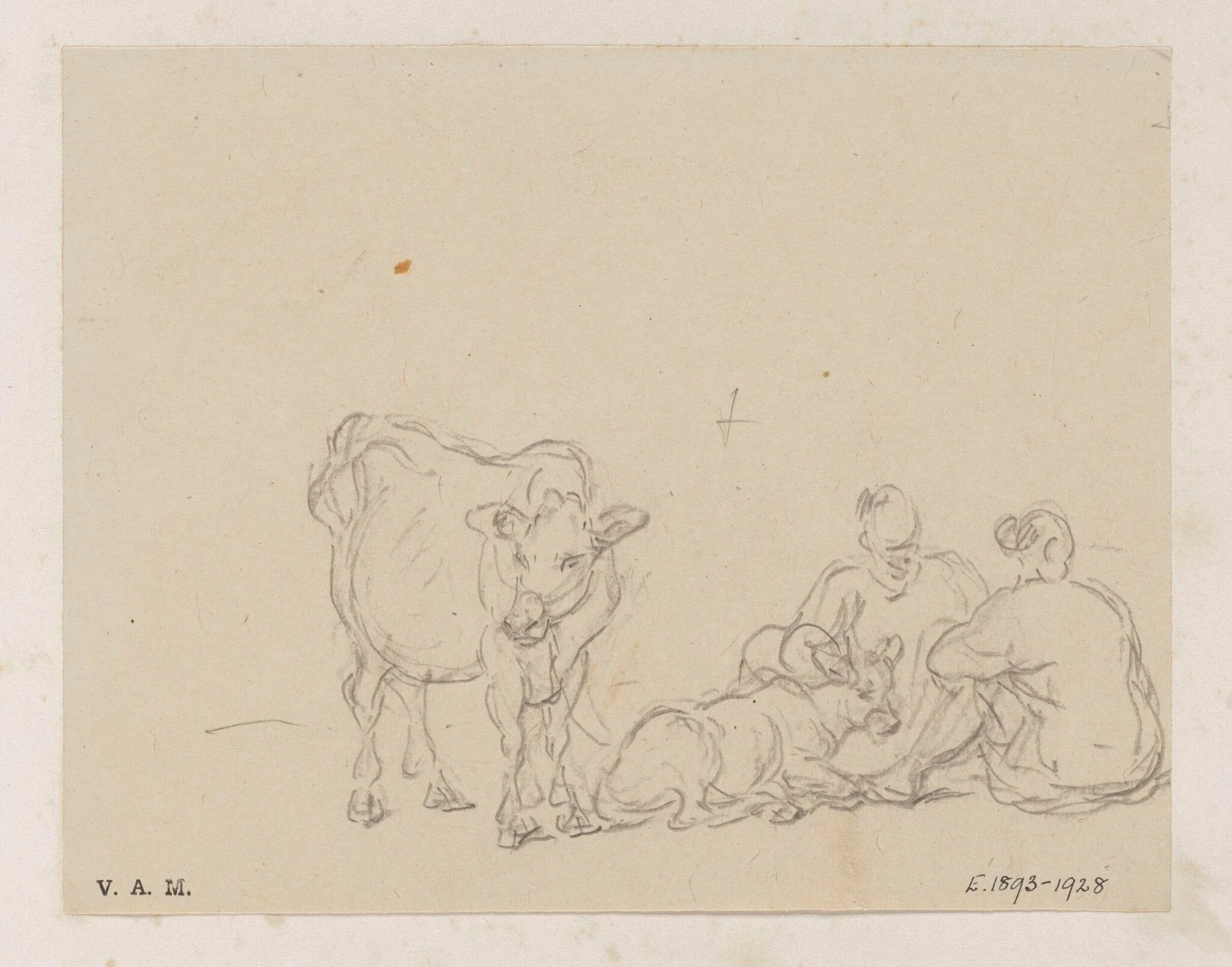 Two Chinese figures with two calves, detail