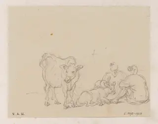 Two Chinese figures with two calves, by George Chinnery, 19