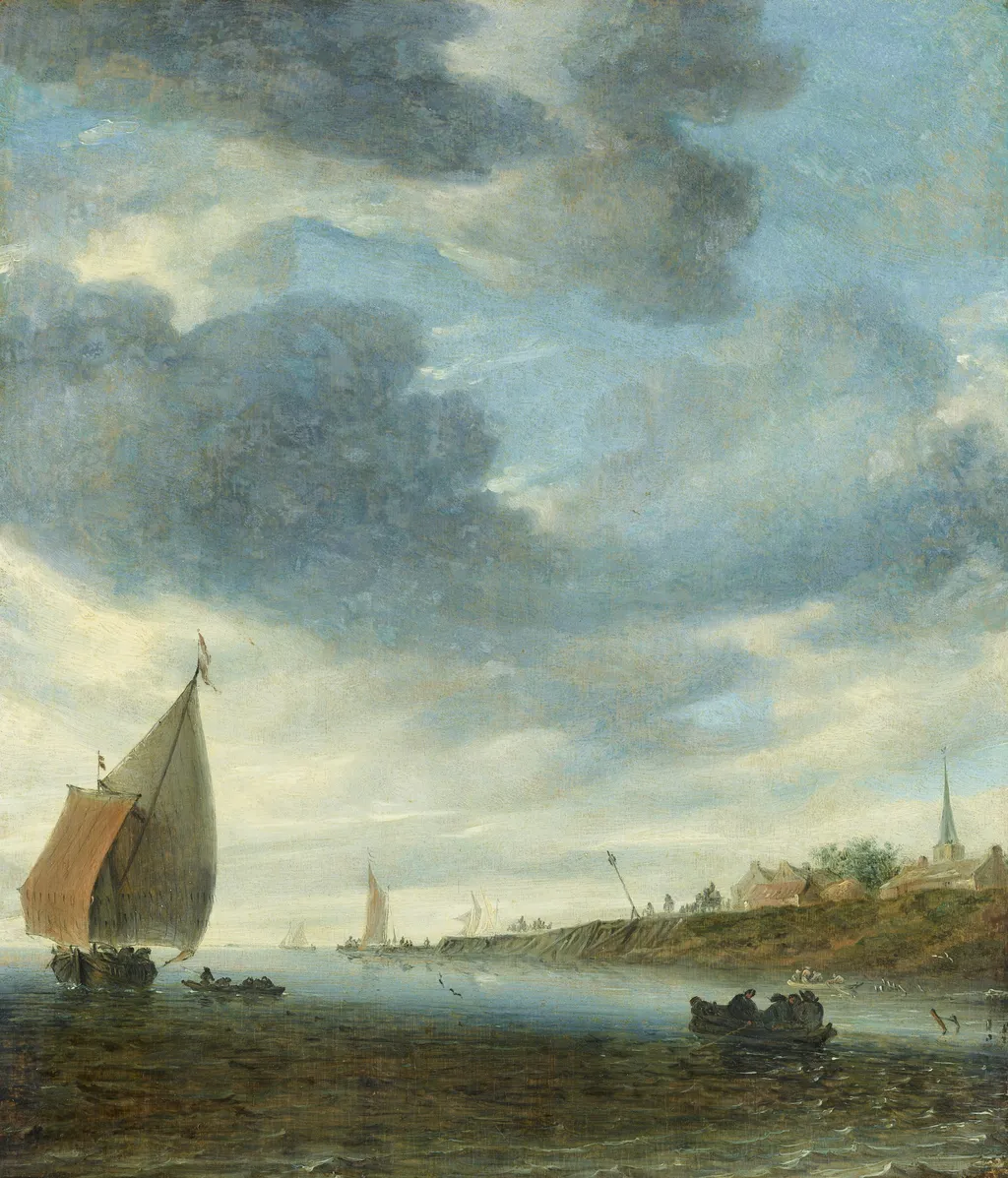 Inland Waters with a Sailboat, by Salomon van Ruysdael, paint, 1660