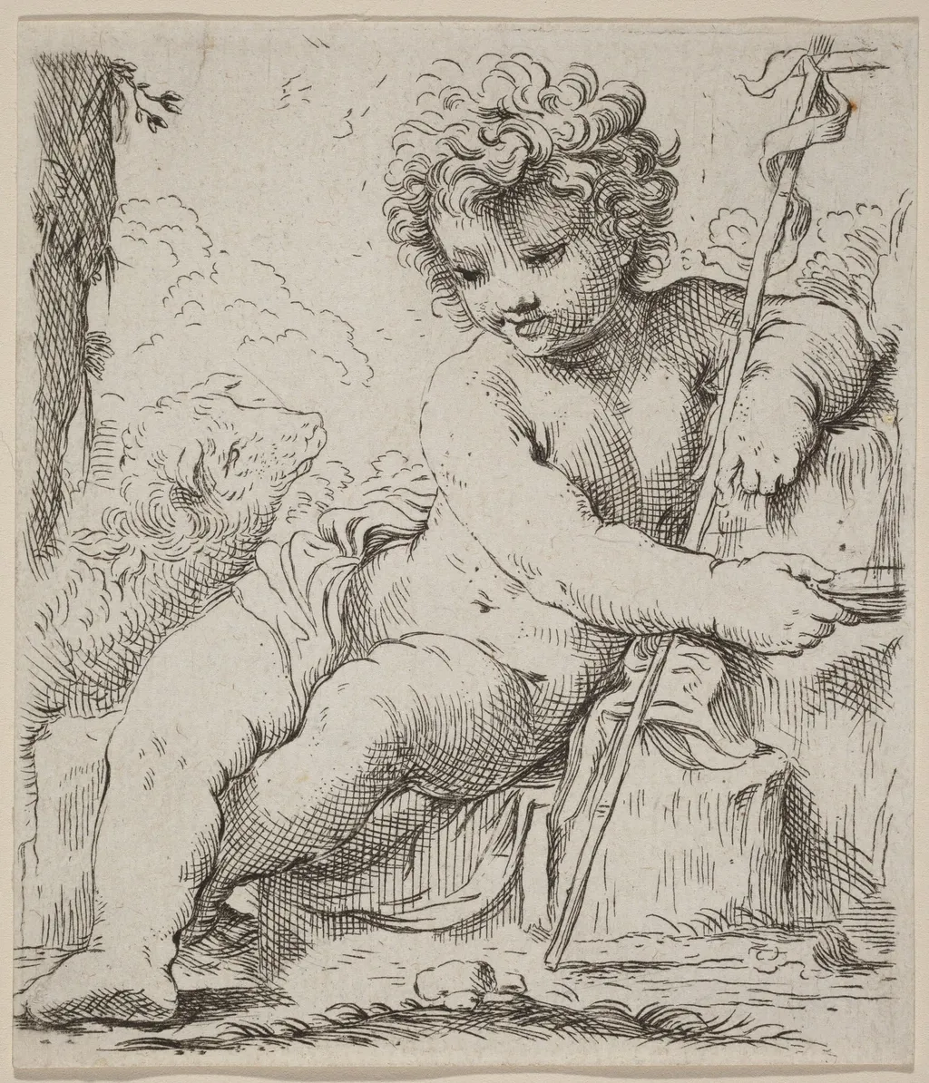 The Infant Saint John, by Simone Cantarini, ink, 1630