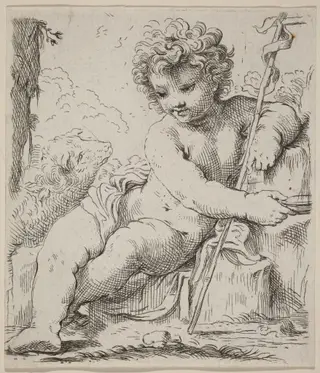 The Infant Saint John, by Simone Cantarini, ink, 1630