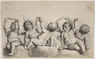 Three Cherubs and Two Boys Each Raising One Arm on Clouds, by Wenceslaus Hollar, ink, 1646