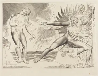 The Circle of the Corrupt Officials; the Devils Tormenting Ciampolo, by William Blake, ink, 1827