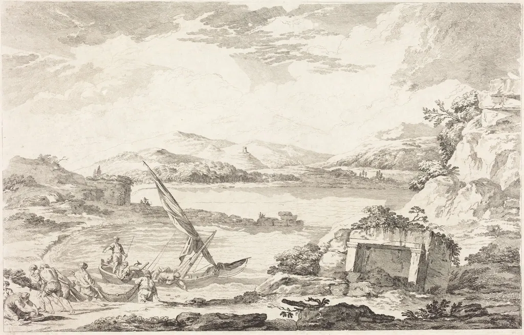 View of the Ancient Port of Phaleron, Athens, by Jacques Philippe LeBas, ink, 1758