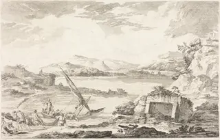 View of the Ancient Port of Phaleron, Athens, by Jacques Philippe LeBas, ink, 1758