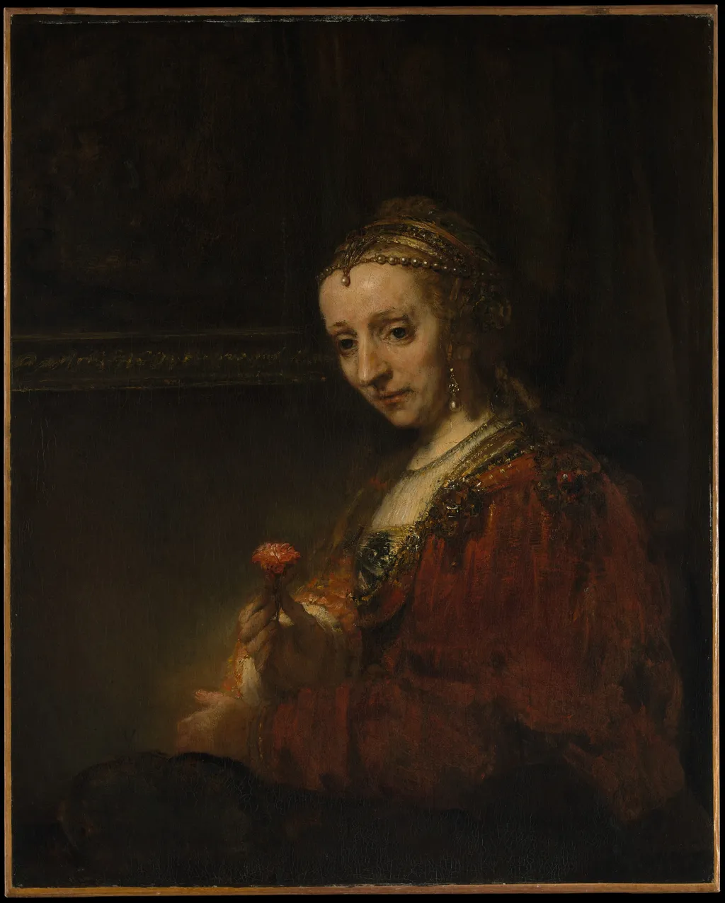 Woman with a Pink, by Rembrandt van Rijn, oil, 1660