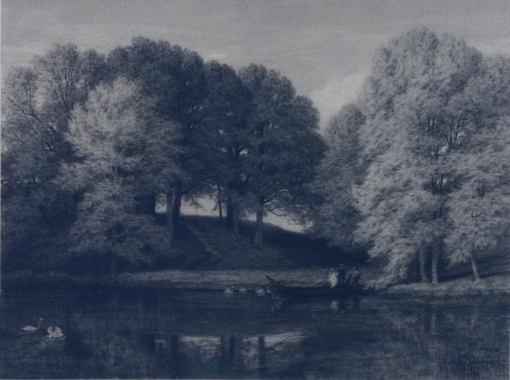 Landscape with boat and swans, by Arthur Ditchfield, 1871