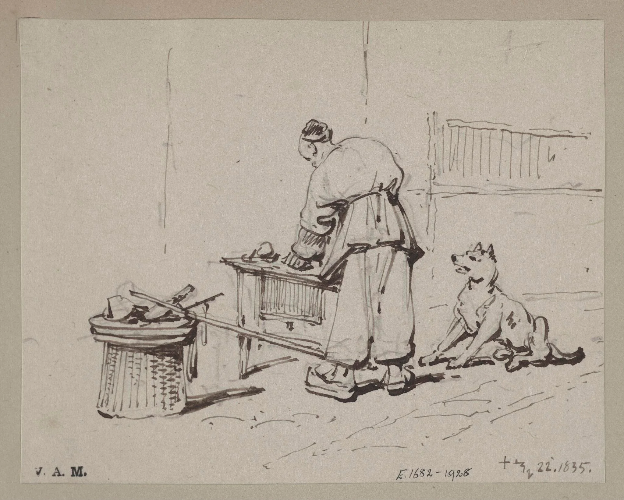 A Chinese man stooping over a table, watched by a dog, detail