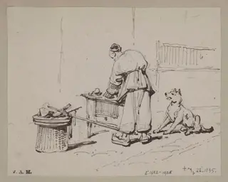 A Chinese man stooping over a table, watched by a dog, by George Chinnery, 16