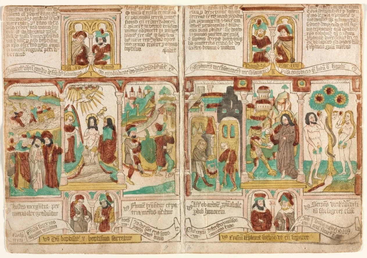 The Bible of the Poor (Biblia Pauperum), Pharaoh's Army Drowned in the Red Sea; Baptism of Christ; and Moses' Spies Returning with Grapes from Canaan Esau Selling Jacob his Birthright; Temptation of Christ; and Temptation of Adam and Eve, detail