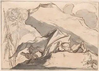 A Desert Hermit Adoring the Crucifix, by Paul Troger, ink, 1730