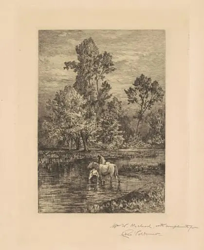 Landscape with Horses Drinking, by Charles Volkmar, ink, 1876