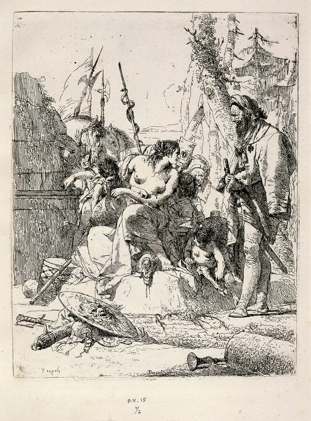 Seated Woman and Standing Man Surrounded by Other Figures and Paraphernalia, by Giovanni Battista Tiepolo, ink, 1733