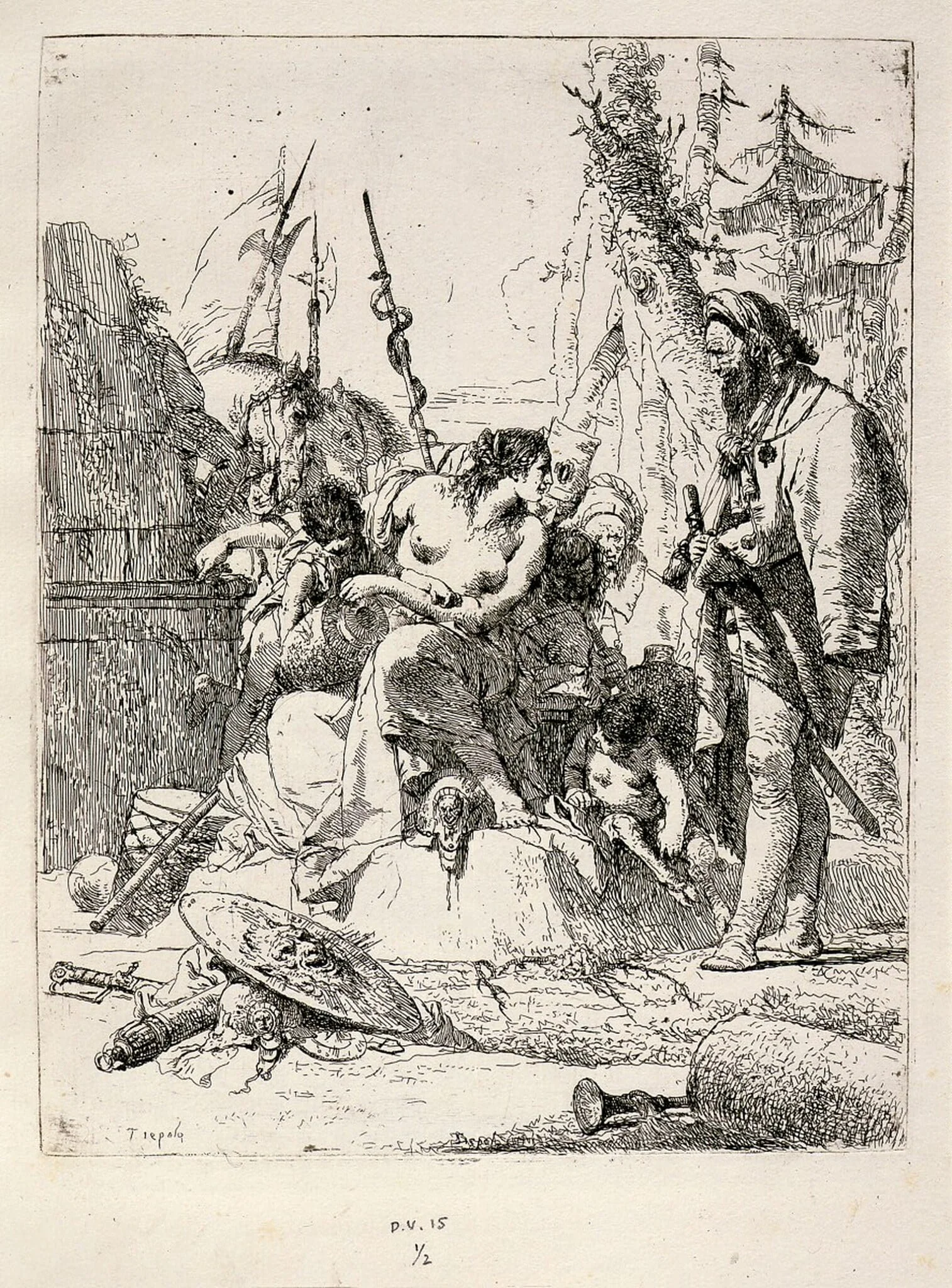 Seated Woman and Standing Man Surrounded by Other Figures and Paraphernalia, detail