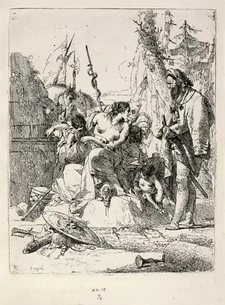 Seated Woman and Standing Man Surrounded by Other Figures and Paraphernalia, by Giovanni Battista Tiepolo, ink, 1733
