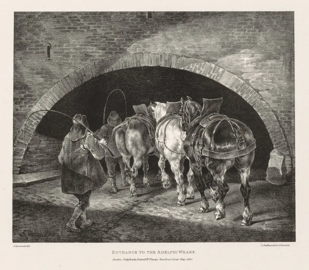Various Subjects Drawn from Life and on Stone:  Entrance to Adelphi Wharf, by Théodore Géricault, 1821