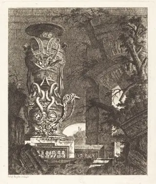 Vase Supported by Intertwined Serpents, by Jean-Laurent Legeay, ink, 1768