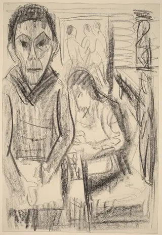 Self-Portrait in the Studio (Selbstbildnis im Atelier), by Ernst Ludwig Kirchner, crayon, 1923
