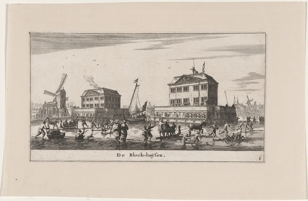 Winter Scene in the Blockhouses in Amsterdam, by Nooms, called Zeeman, Reinier, ink, 1653