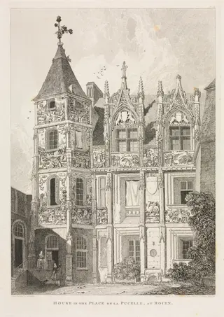 Architectural Antiquities of Normandy (Vol. II), Pl. 64:  House in the Place de la Pucelle, at Rouen, by John Sell Cotman, 1821