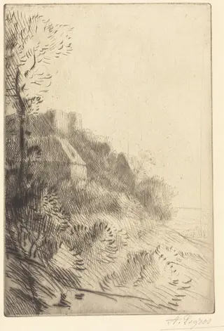 Farm on a Hillside in Sunlight (La ferme du coteau; Effet de soleil sur le coteau), by Alphonse Legros, ink, 1874