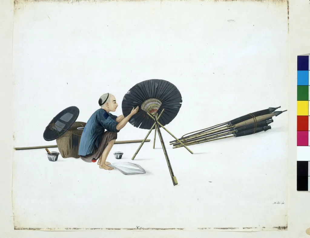 An Umbrella Mender, by Puqua, paint, 1790