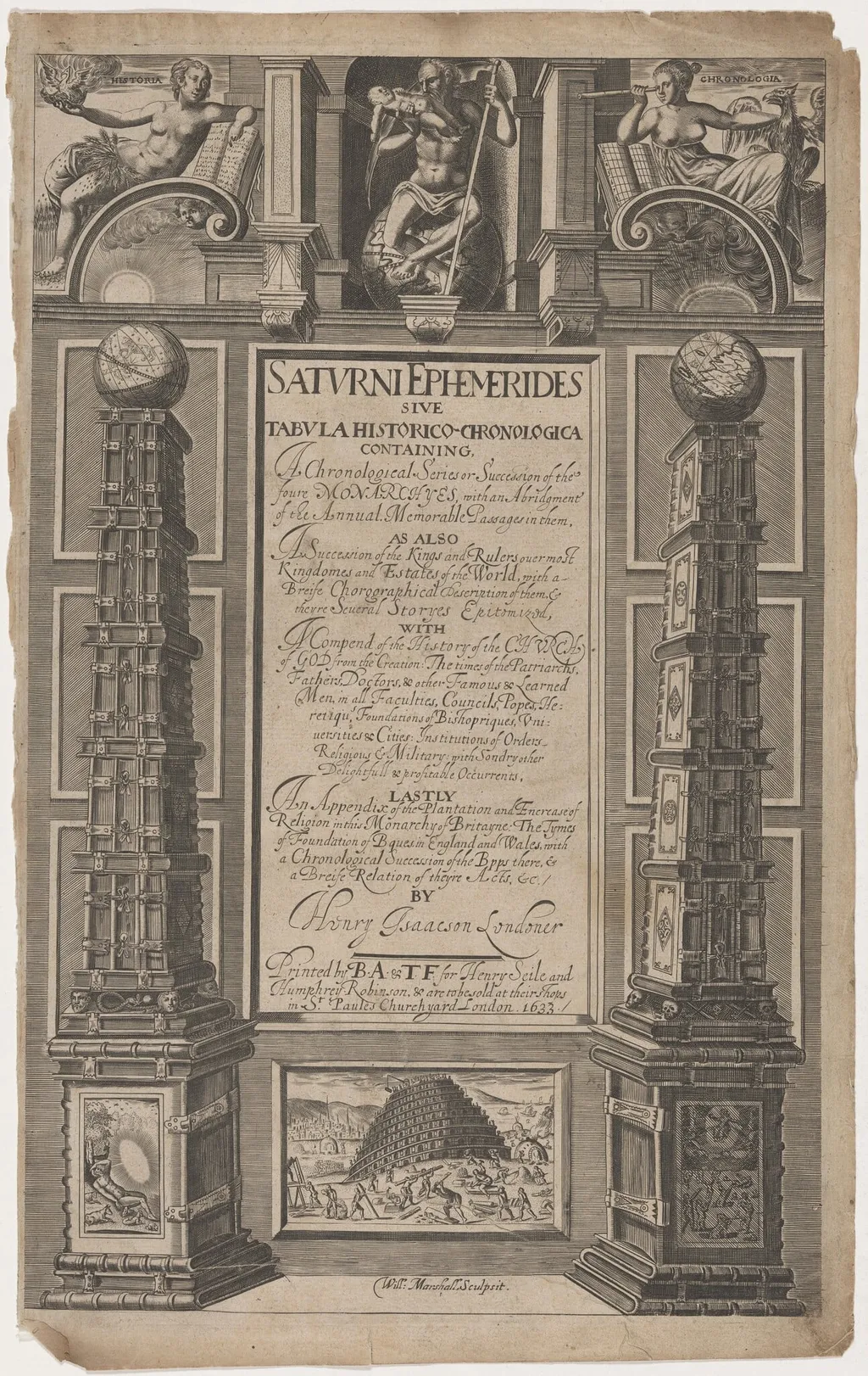 Title Page to Saturne Ephemerides by Henry Isaacson, by William Marshall, ink, 1633