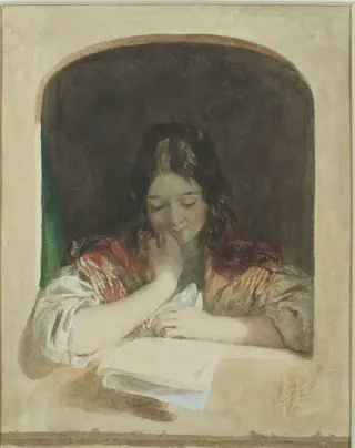 Girl reading at a window, by Charles Brocky, watercolor, 1825