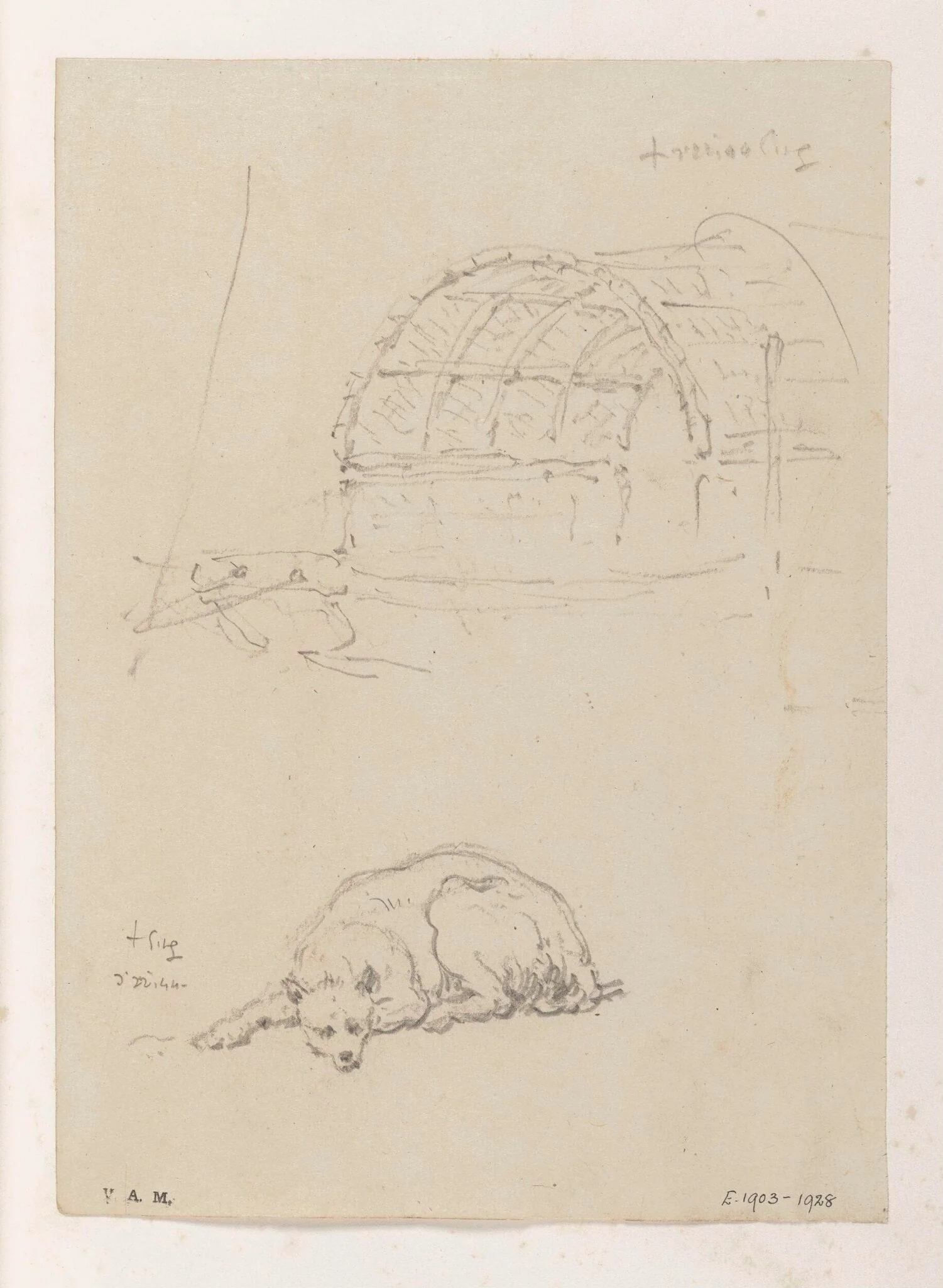 The awning of a Tanka boat, and a reclining dog, detail