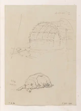 The awning of a Tanka boat, and a reclining dog, by George Chinnery, 14