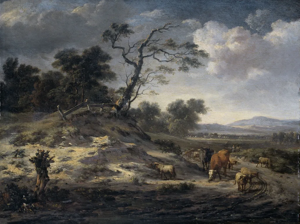 Landscape with cattle on a country road, by Jan Wijnants, oil, 1669
