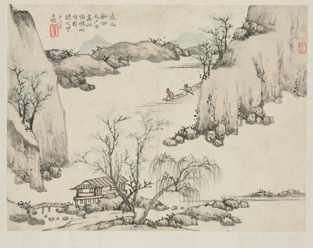 Landscape Album in Various Styles: Boating in Spring Water, by Zha Shibiao, unspecified, 1684