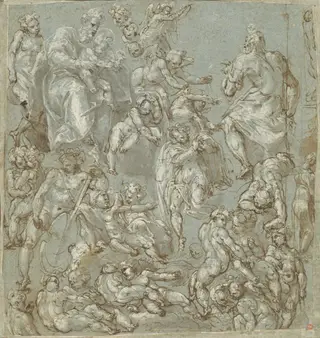 Saint Joseph and the Christ Child with Angels and Putti, by Cesare Pollini, ink, 1595