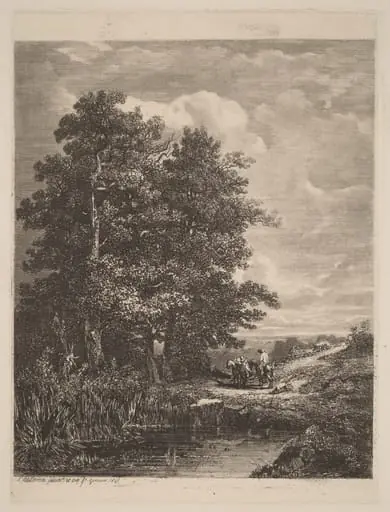 Riders by a Pond, by Alexandre Calame, ink, 1841