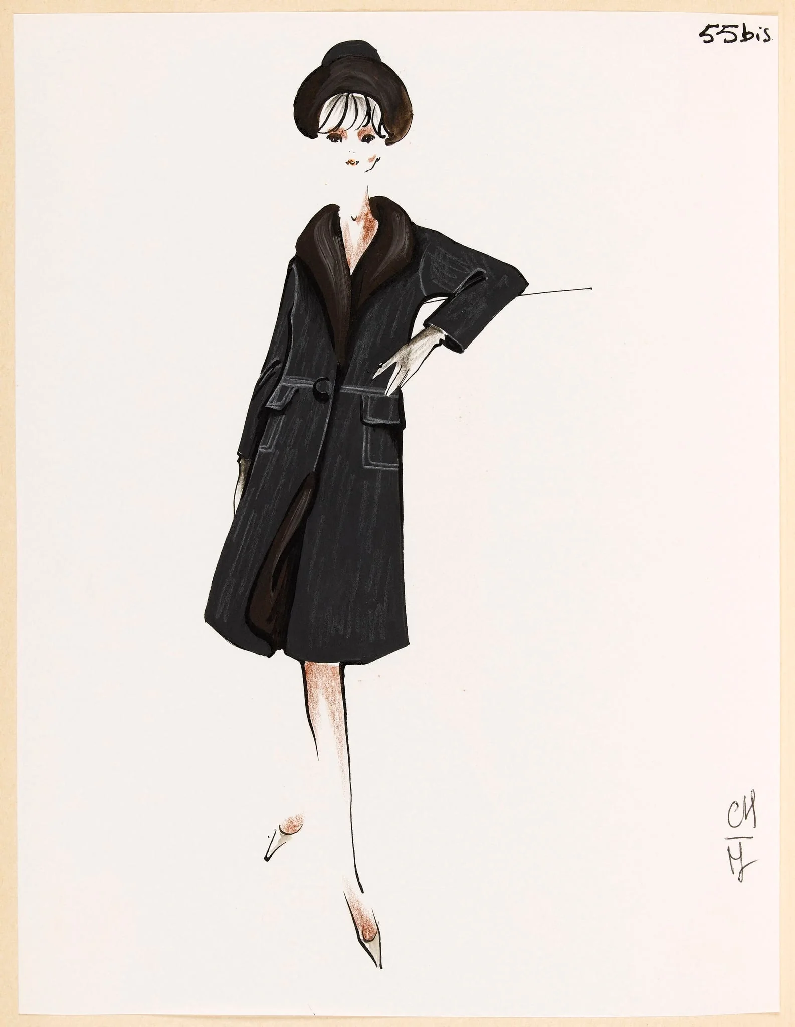 Manteau noir à col marron et chapeau assorti, detail