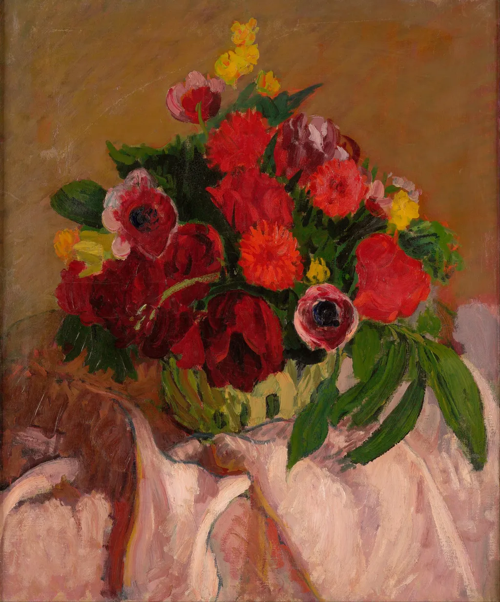 Mixed flowers on pink cloth, by Roderic O'Conor, oil, 1916